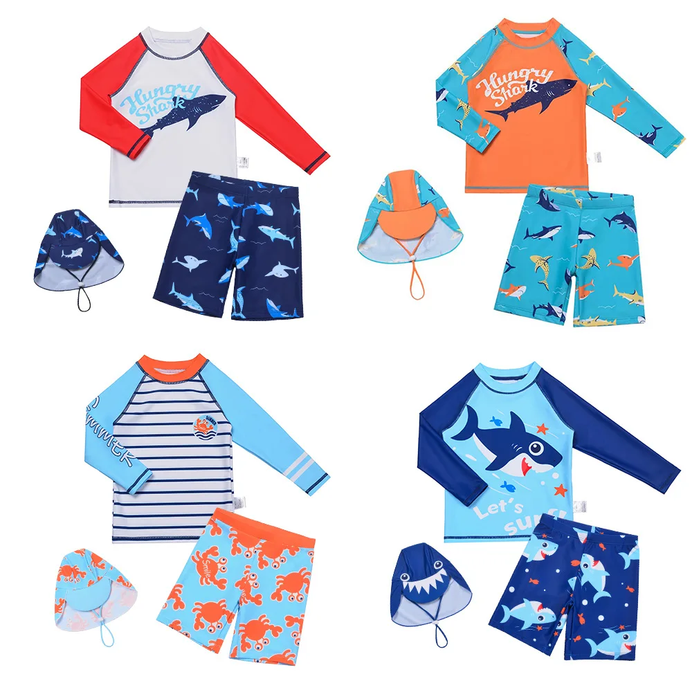 New Boys 3 Pieces Shark-patterned Swimwear Set Long Sleeve Top with Shorts Sunshade Cap Quick-dry Swimsuit Summer Bathing Suit