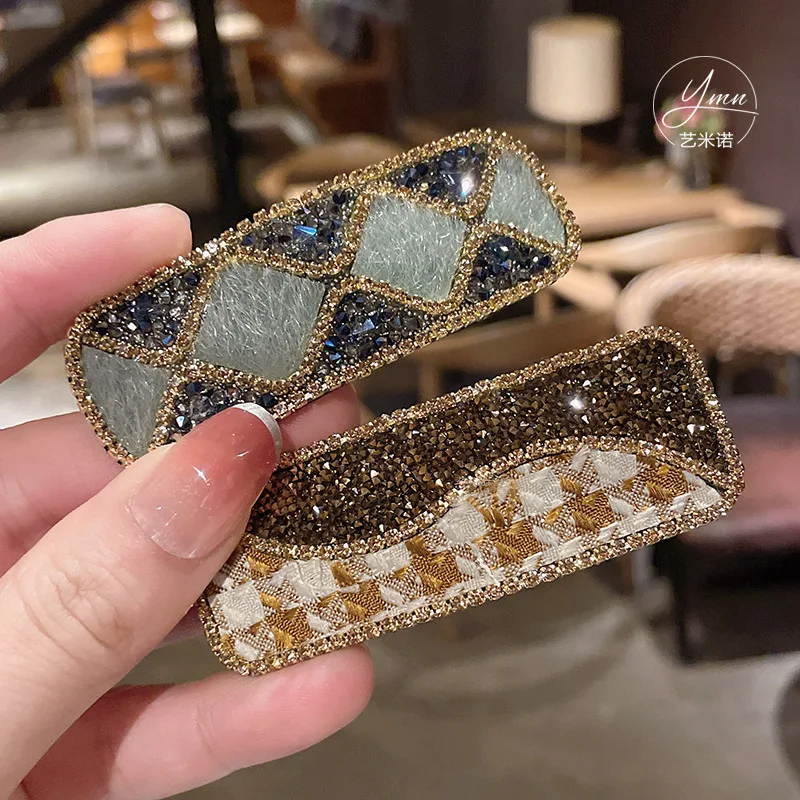 

Модные женские заколки для волос цвета хаки со сверкающими стразами, женские заколки BB с сетчатым узором, повязка на голову, зажим