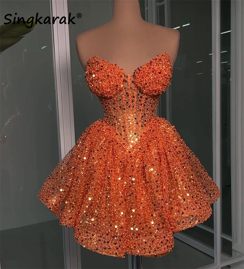 Glitter Orange Sweetheart Prom Dresses Beads Sequins Pearls Luxury Cocktails Dress Homecoming Birthday Party Gowns Customized