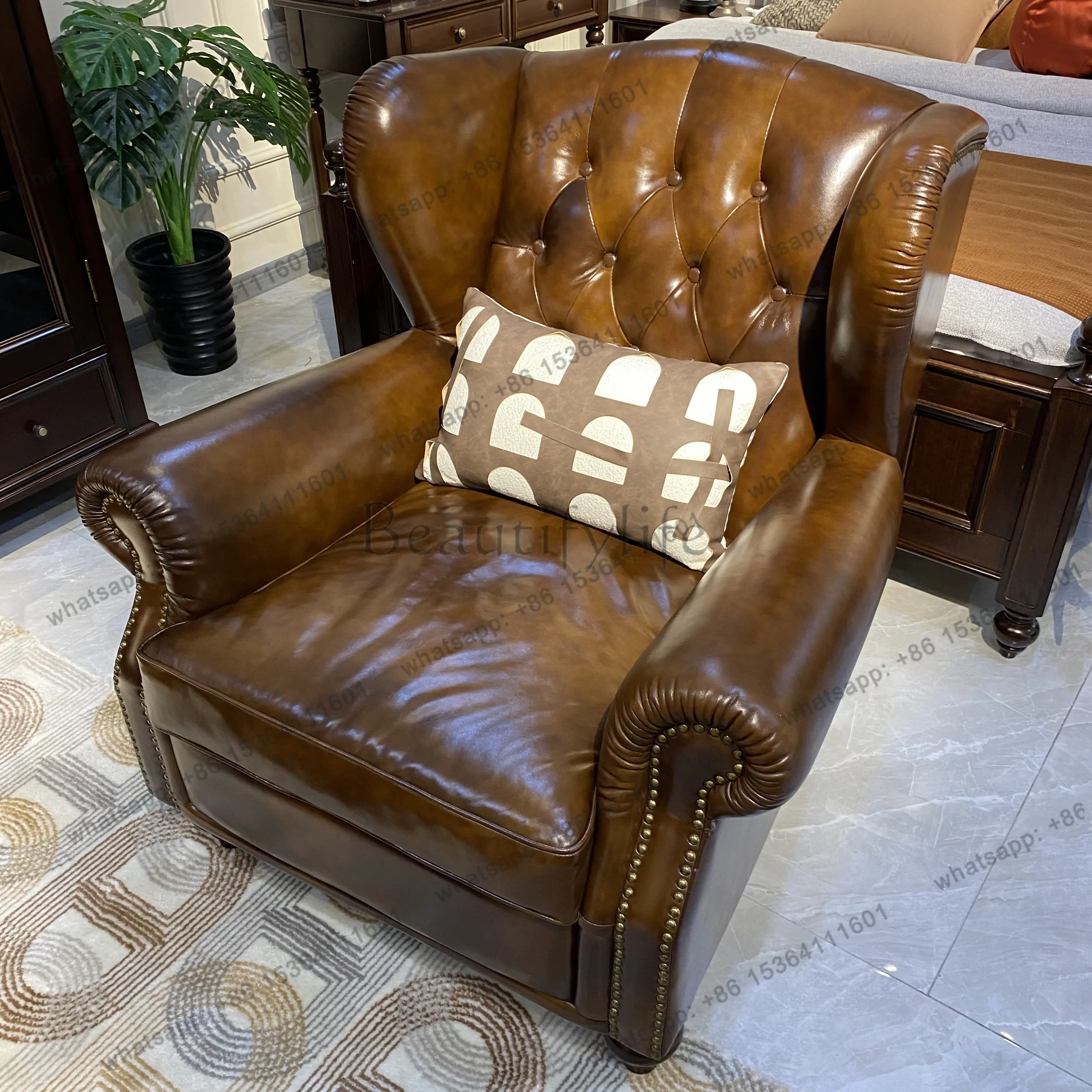American retro leather single chair, leisure chair, size: length 950 * width 950 * height 970mm