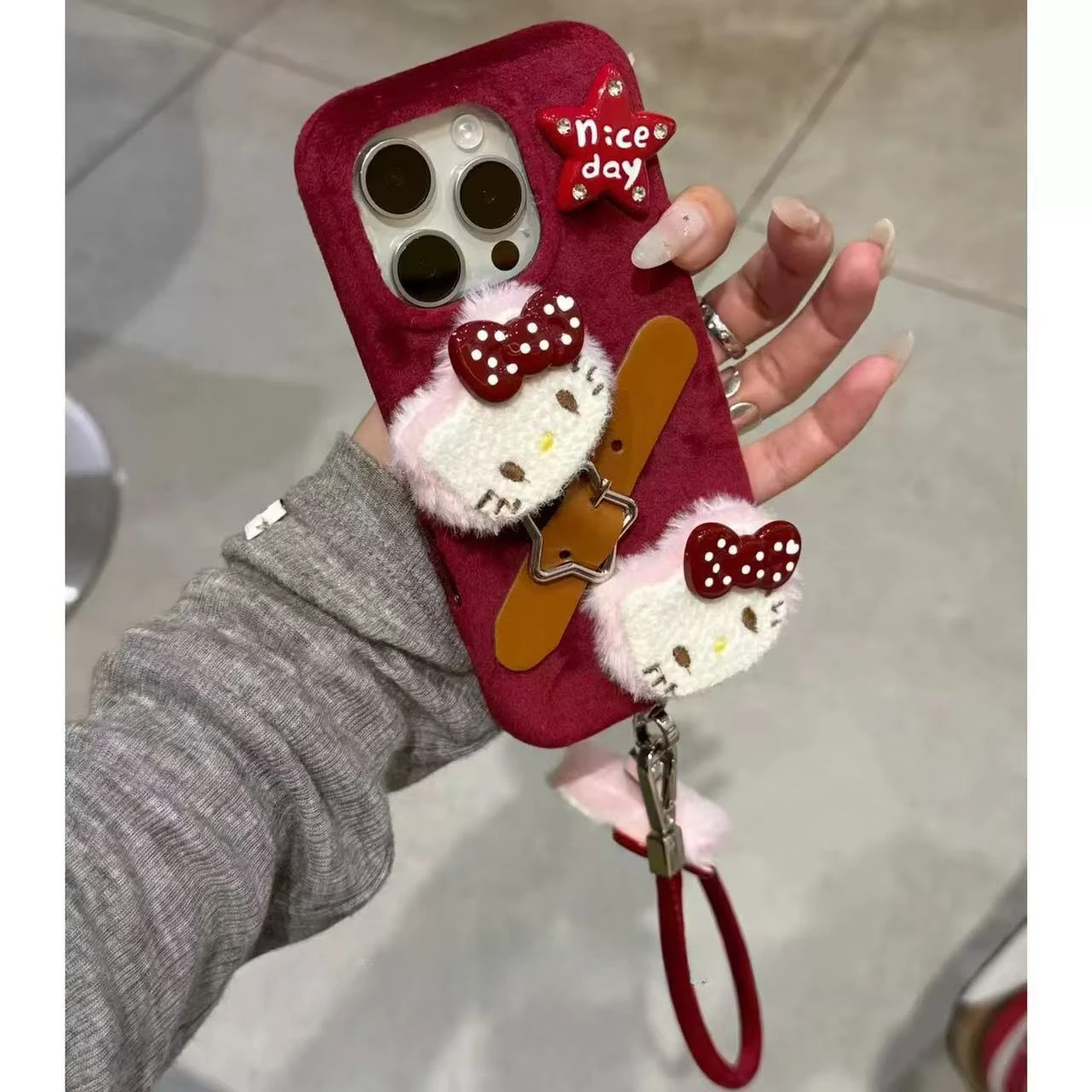 Autumn and Winter Plush 3D Doll Bow Hello Kitty Sanrio Phone Soft Case for IPhone 13 14 15 16 Pro Max Case Shockproof IMD Cover