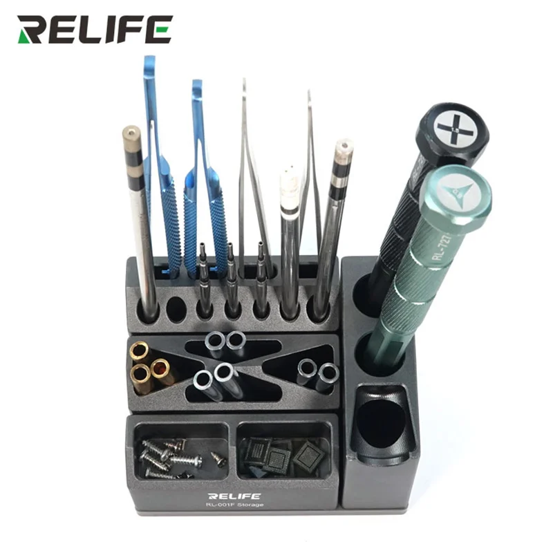 RELIFE-caja de almacenamiento combinada de RL-001F, aleación de aluminio, reparación de teléfonos móviles, pinzas, destornilladores, piezas de