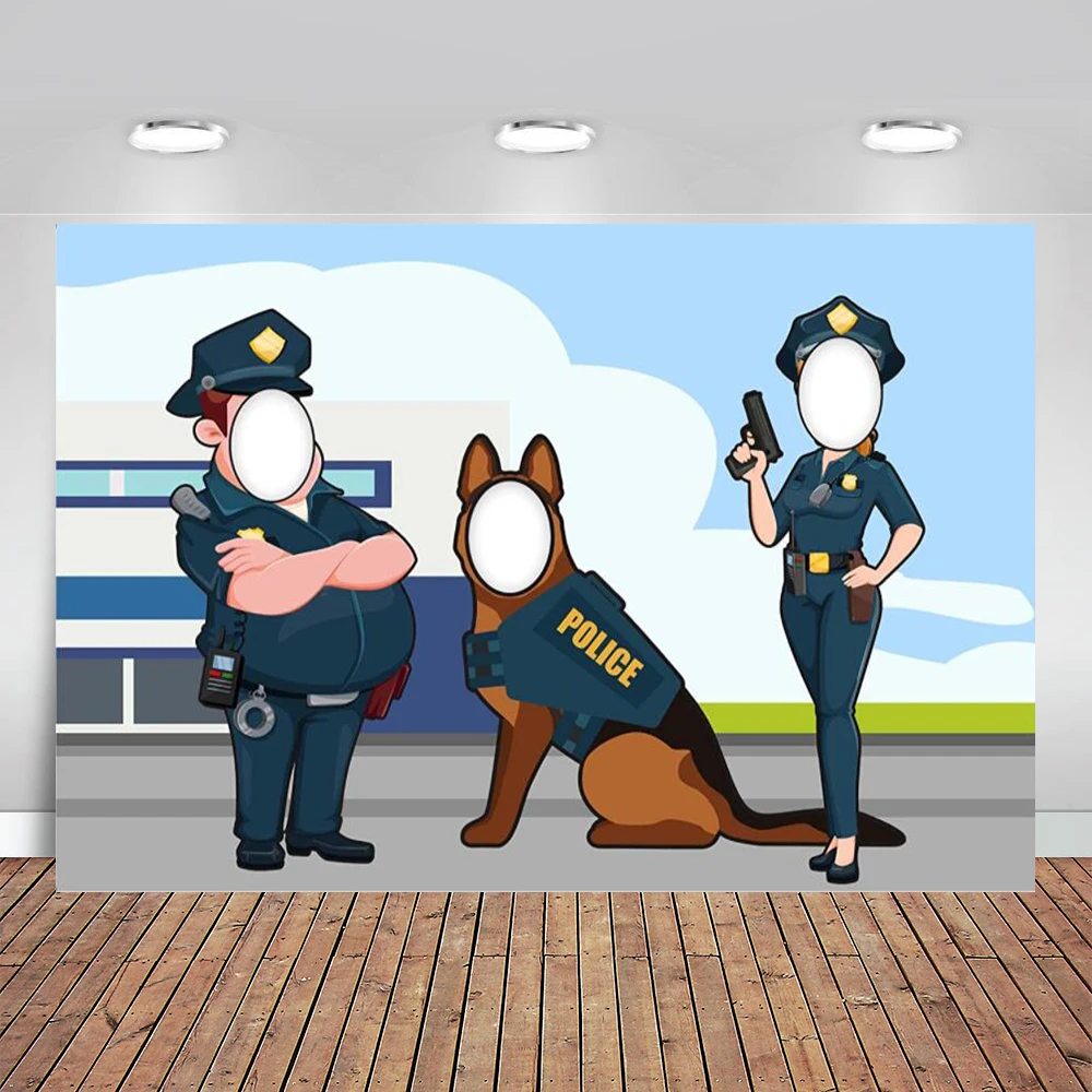 

Policeman Uniform Photo Banner Backdrop Pretend Play Party Game Large Police Dog Face Photo Booth Props Theme Decor Background