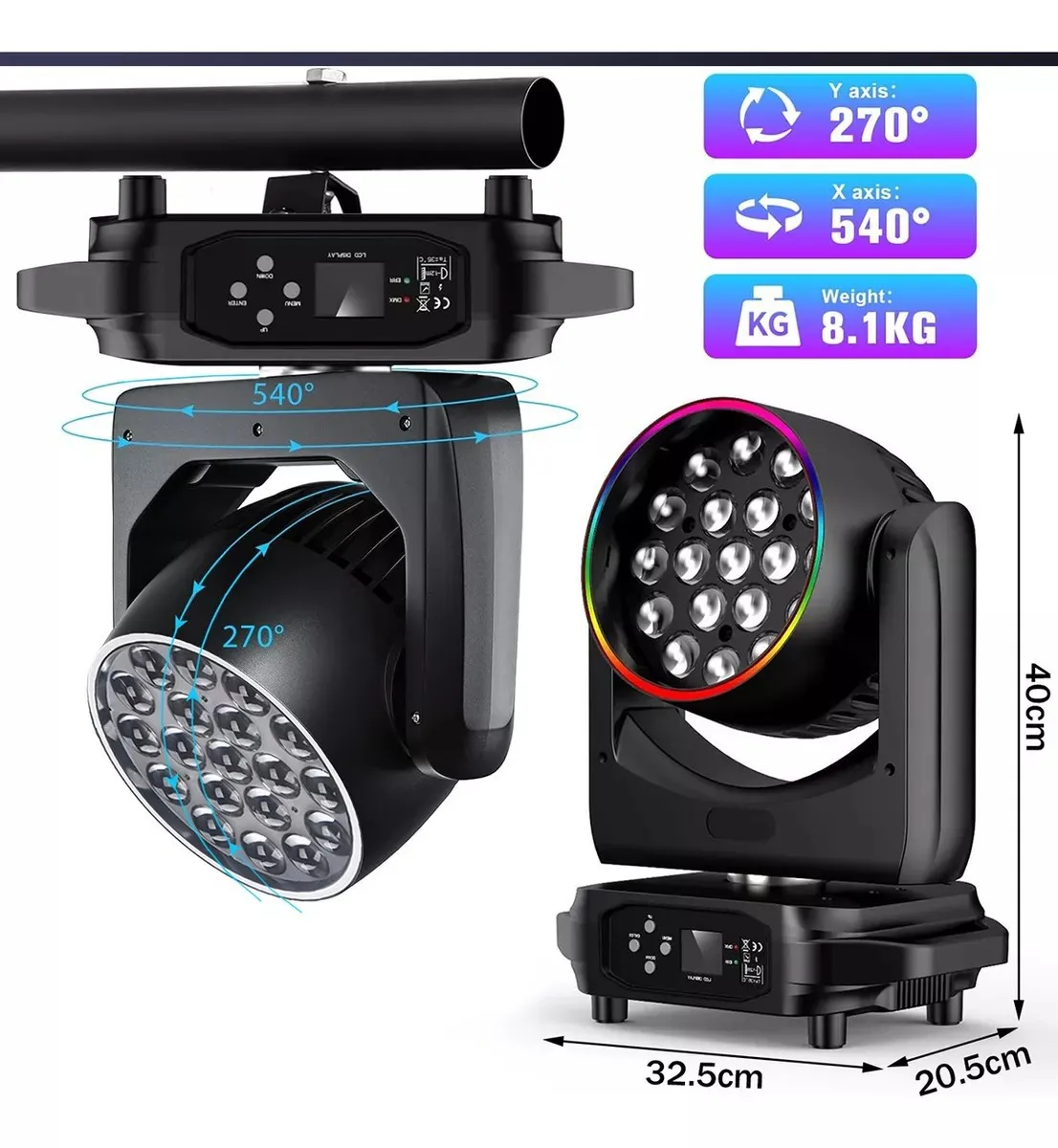 Lanju19x15w abelha olhos movendo a cabeça luz led halo feixe holofote zoom lavagem luzes estroboscópicas controle dmx para dj discoteca festa em casa clube