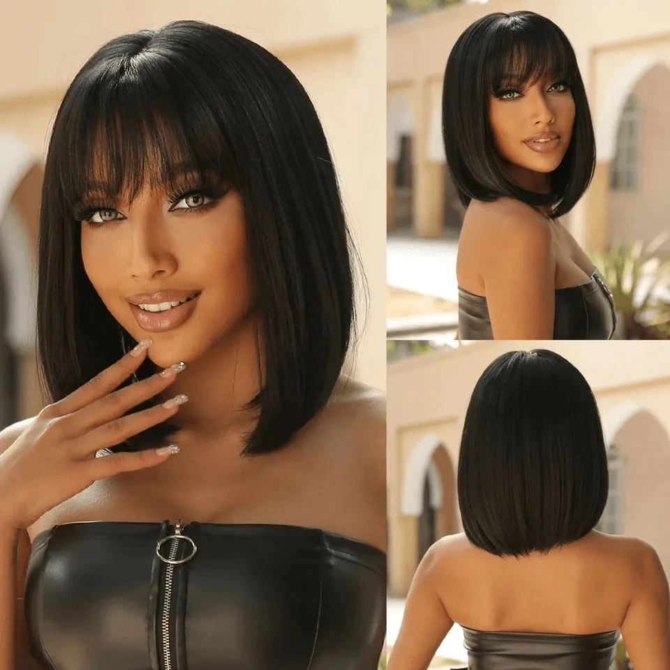 

Put On And Go Glueless Realastic Scalp Brown Bob Lace Wigs With Bangs Fringe Middle Part Brazilian Straight Human Hair Bob Wigs