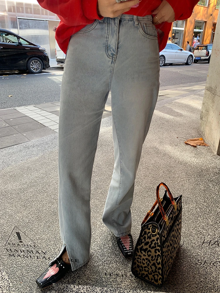

Women's Fce Lined Thi Jeans High Waist Straight Leg Zipper Closure Winter Faion Small Batch Design Sense Split Pants