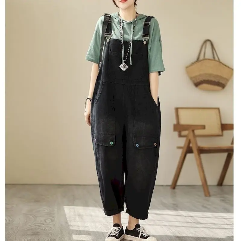 Solid Jumpsuits for Women Pocket Design Straight Pants Vintage One Piece Outfit Women Clothing Safari Style Loose Casual Rompers