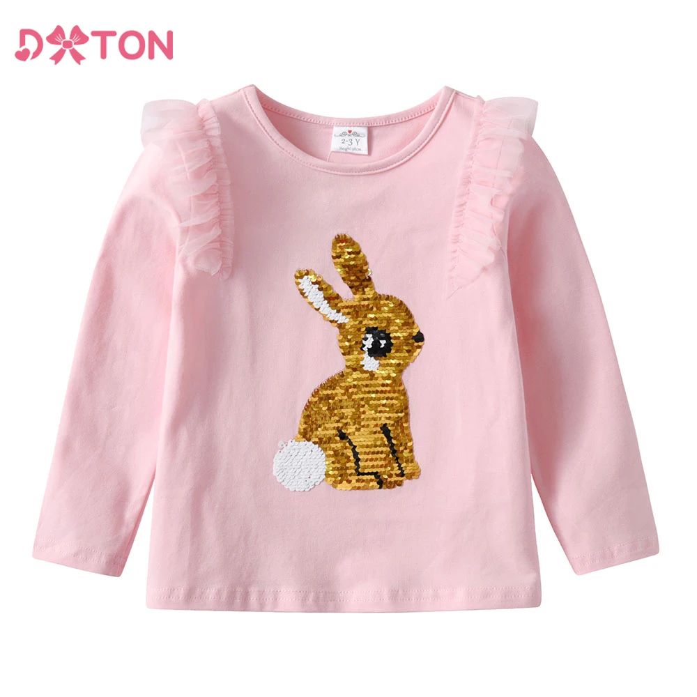 DXTON Autumn Girls T-shirt Long Sleeve Cotton Toddlers Tops Sequined Rabbit Kids Tees Animal Children T shirt Casual Clothing