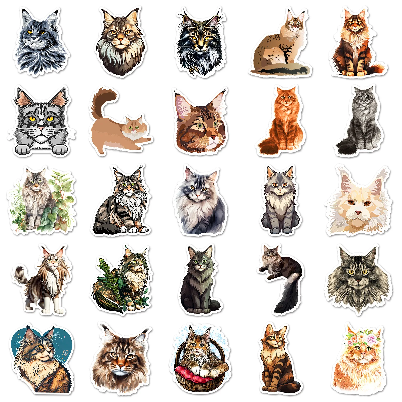 50 STKS Maine Coon Leuke Huisdier Kat Cartoon Dieren Leuke Doodle Decoratieve Laptop Koffer iPad Water Cup Waterdichte Sticker Kinderen Speelgoed