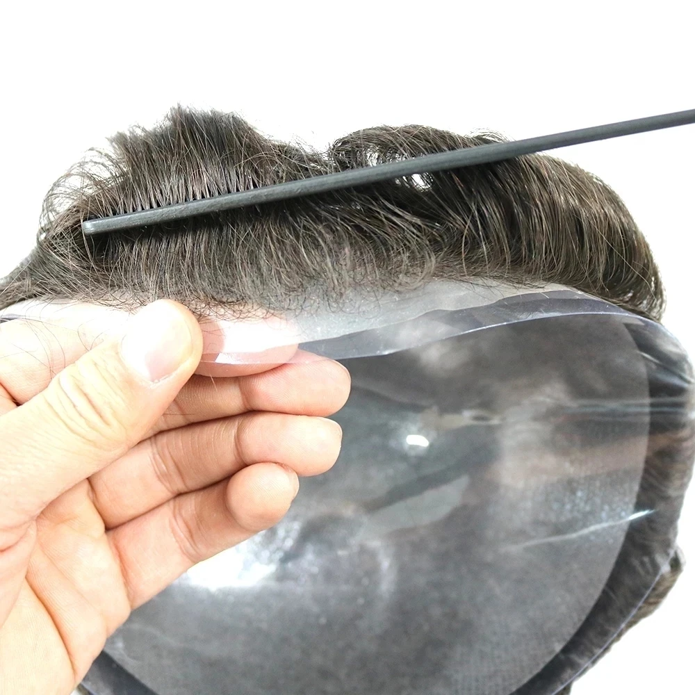 Toupet à base bouclée à peau fine pour hommes, remplacement de perruques de cheveux humains vierges, prothèse de cheveux de base en PU injectée indétectable, 1B40, 1B65, 100%