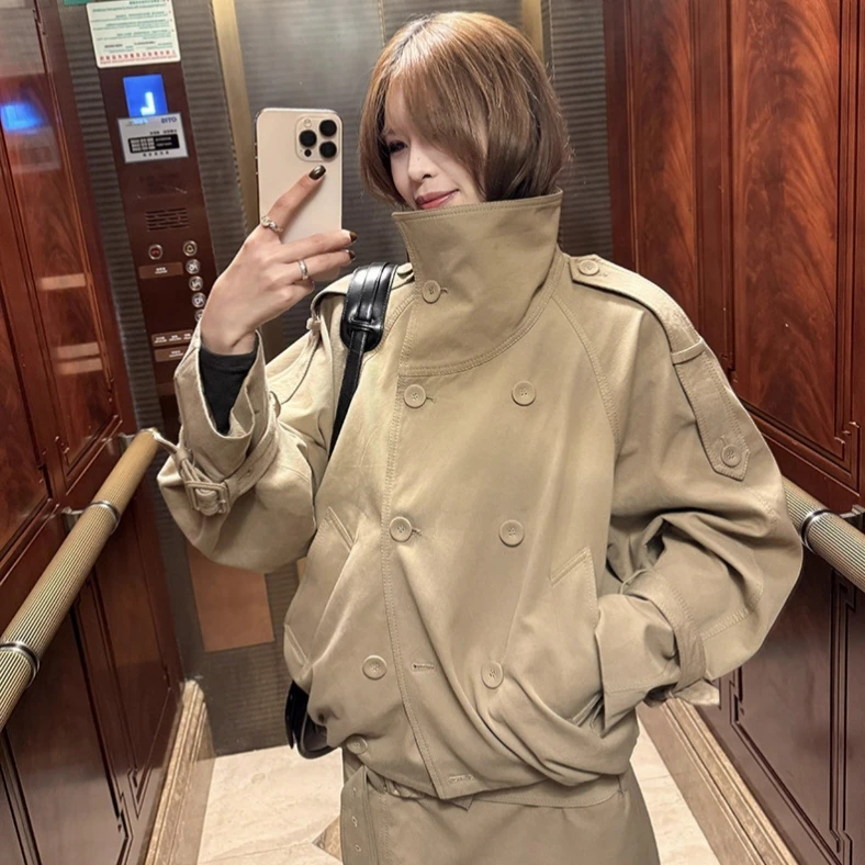 

Autumn Windbreaker Women's ort Jaet Stand Collar Pleated Hem Double Row Buttons Commute Sle Loose Fit Long Sl...