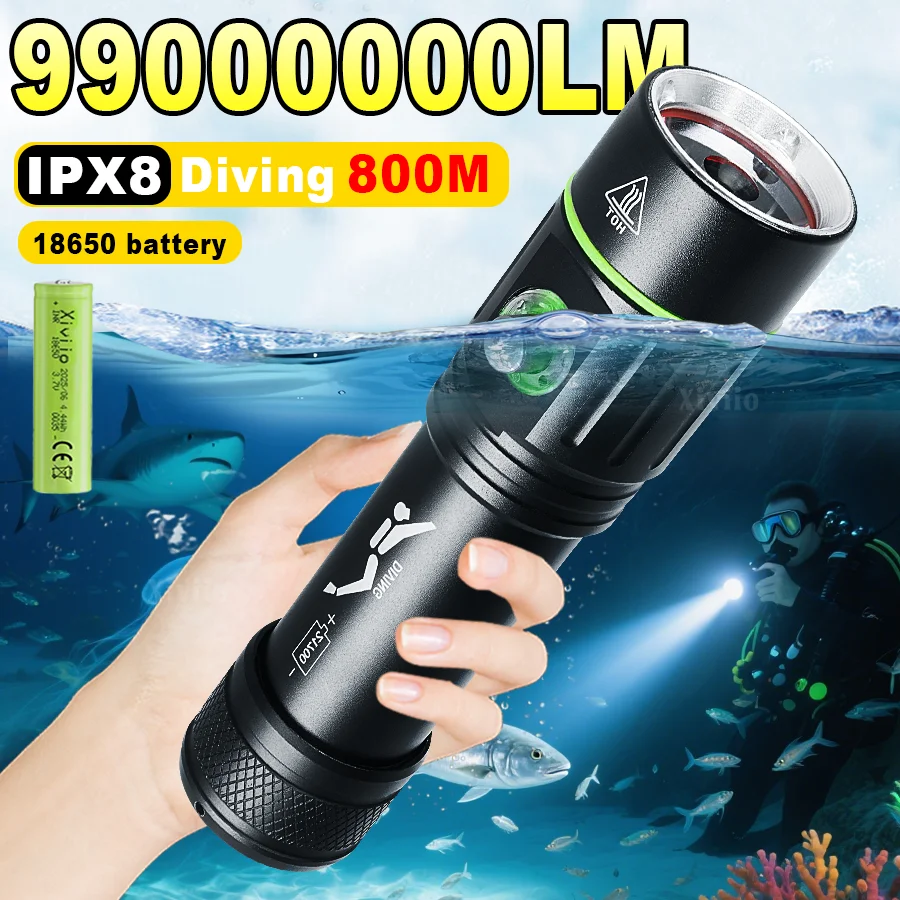 Profesional pesca submarina caza buceo XHP199 LED luz de buceo 9900000 lúmenes linterna de buceo 18650 antorcha linterna subacuática,linterna led alta potencia,pesca,lampara led recargable,luces de pesca