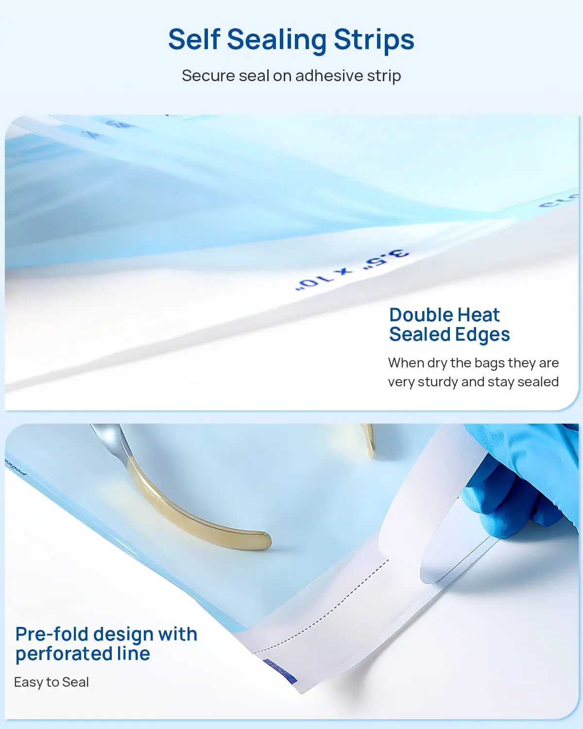 ถุงฆ่าเชื้อแบบปิดผนึกเอง 2000 ชิ้น, ขนาด 3.5 นิ้ว x 10 นิ้ว, ถุงสำหรับฆ่าเชื้อในหม้อนึ่งความดัน, 10 กล่อง บรรจุ 200 ชิ้น