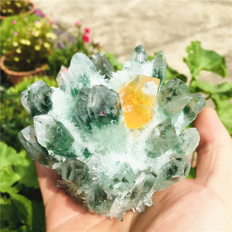 450-500g Unique natural crystal cluster quartz yellow dot crystal mineral specimen Reiki stone jewelry healing home decor