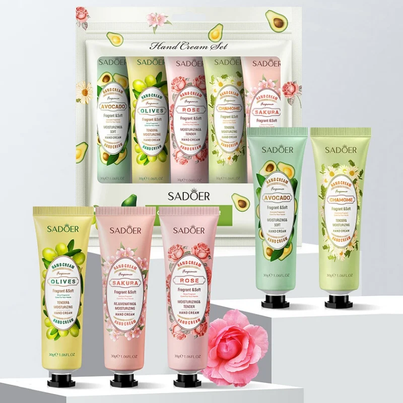 

30g x 5pcs Hand Cream Kits Natural Moisturizing Fruits Flowers Nourishing Nutrients Dryness Soft Whitening Oil Control Portable