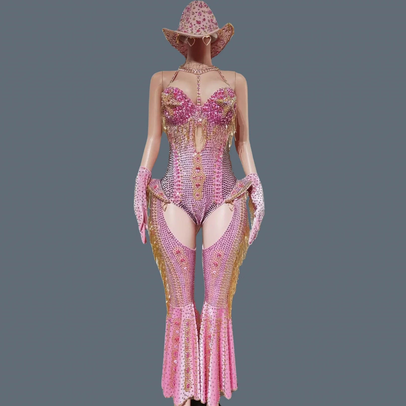 Luxury High-end Crystals Tassel Jumpsuit 4Pieces Set Cowboy Nightclub Women Dance Stage Show Outfit Festival Sexy Wear Hongding