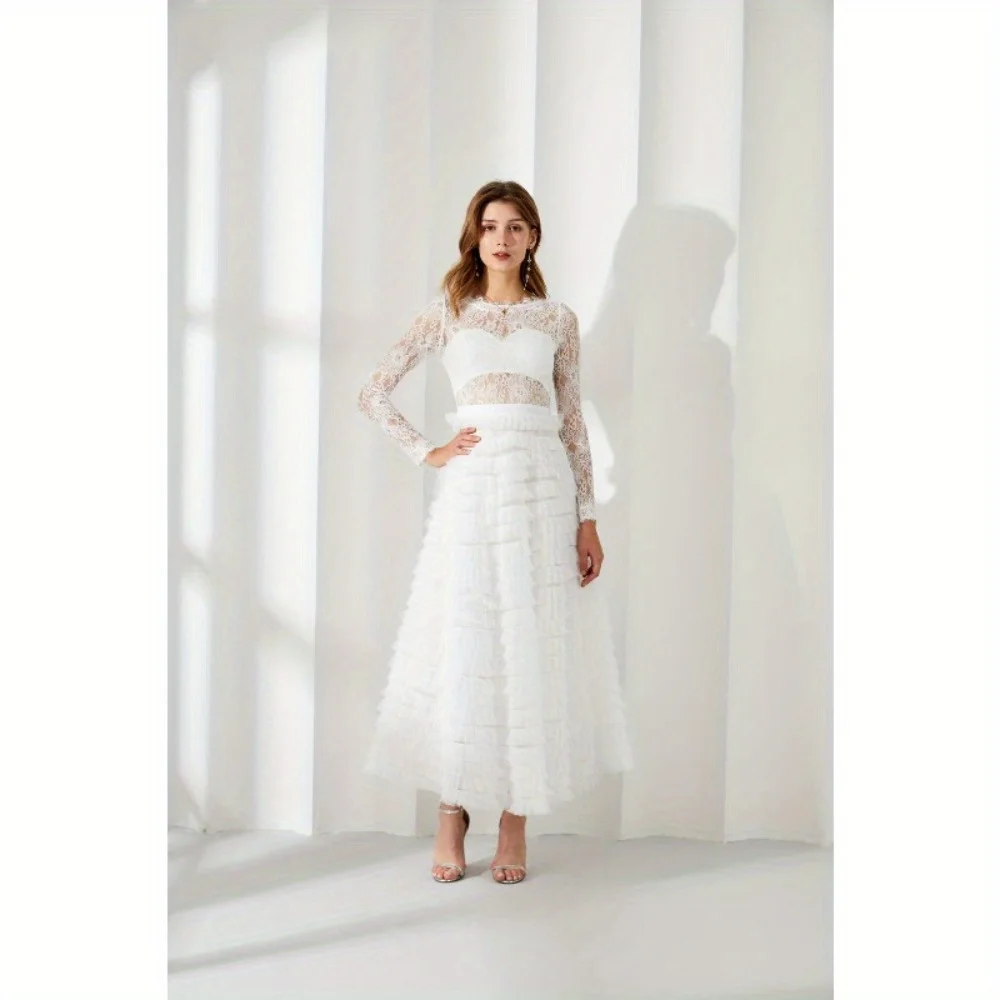 

Women's Elegant Hollow-out Lace Long-Sleeve A-Line Dress - Solid Color Elegant Banquet Gown, Party & Date Dress