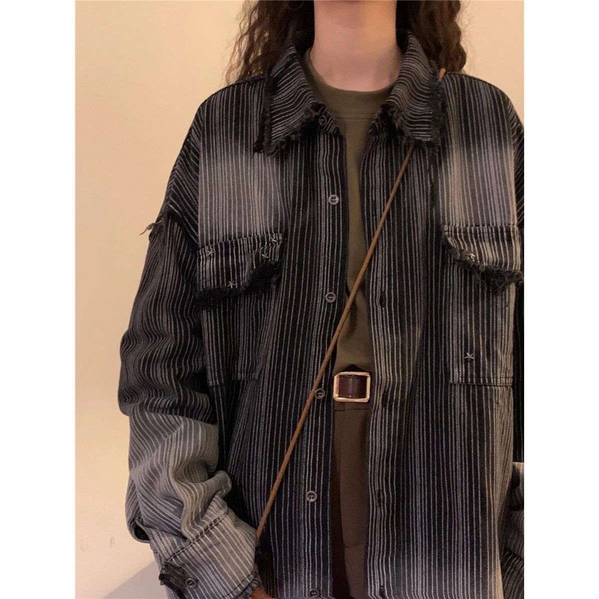 

Casual Men's Denim Jaet Trendy Brand Turn-down Collar adient Color Stripes Youth Loose Fit Spring New Sle Leisure Coat