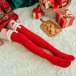 1 pair of Christmas knee length coral velvet warm socks, Santa Claus knee length socks