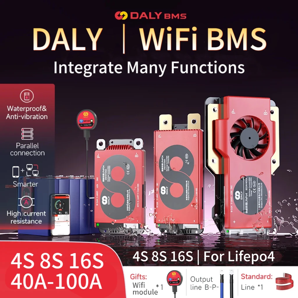 DALY Smart BMS WIFI LiFePo4 4S 8S 16S 40A 60A 100A UART RS485 может параллельно работать с литиевой батареей для хранения энергии в электровелосипеде