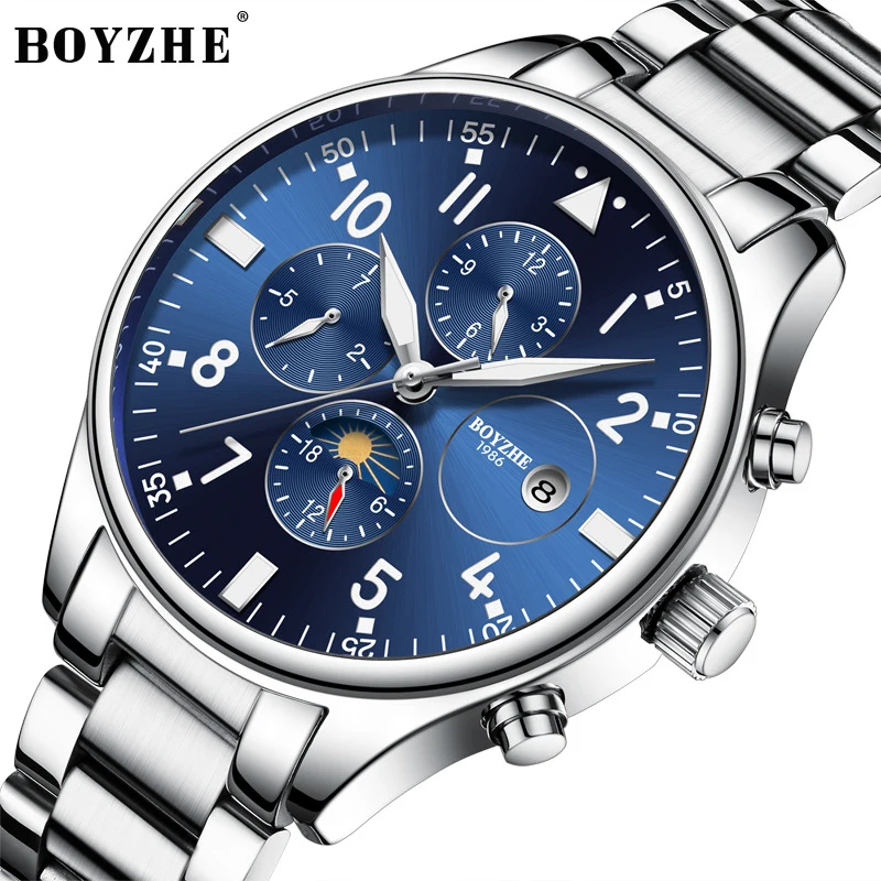 

BOYZHE Men's Watches Automatic Moon Phase Wristwatch Waterproof Stainless Steel Strap Calendar Business Mechanical Watch Men