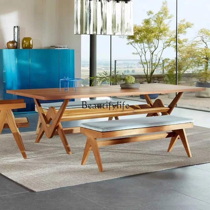 05-Escritório italiano grande mesa de jantar retangular de madeira maciça de vidro plano