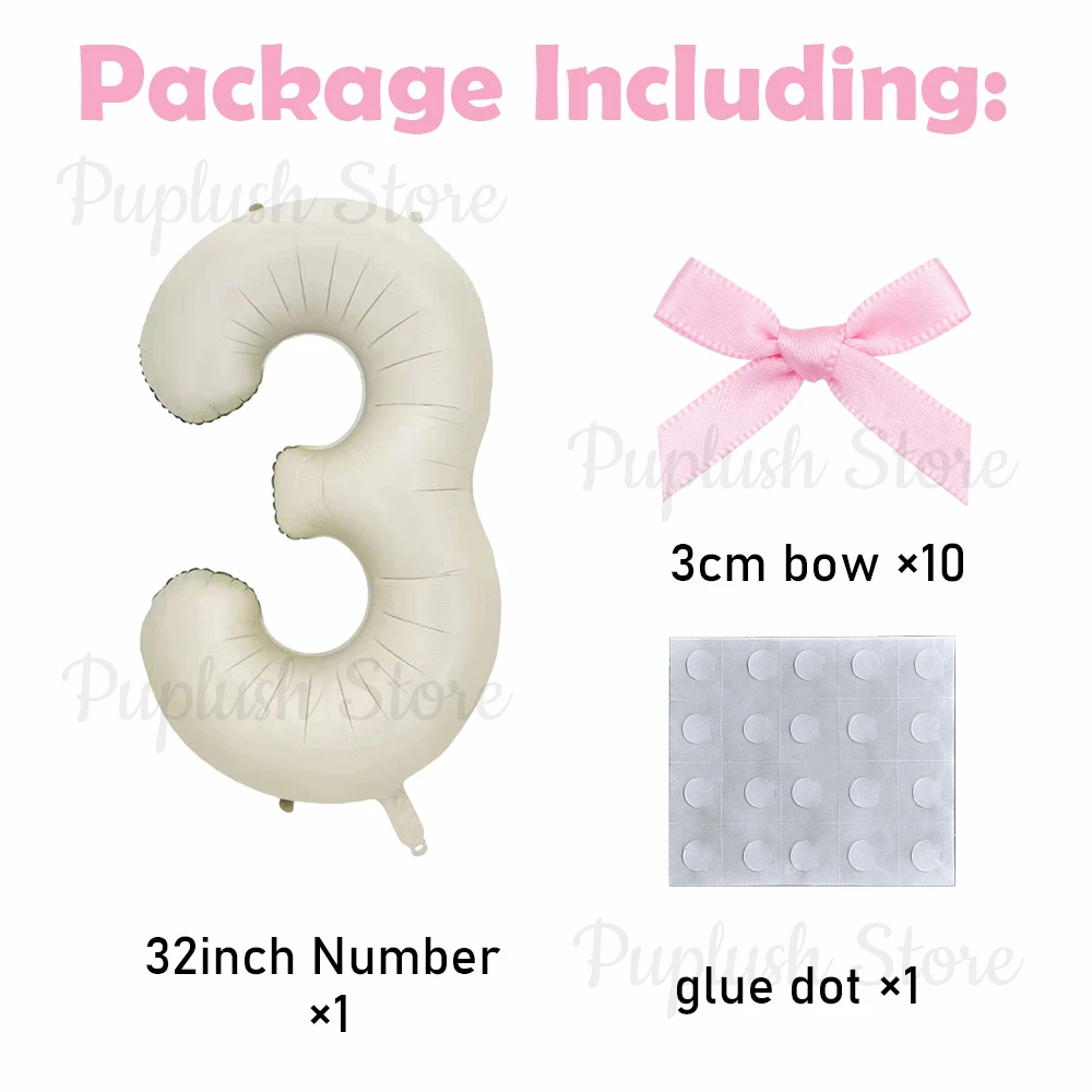 32inch Pink Bows Number Balloons Cream White Beige Number Foil Balloons Pink Bows For Girls Birthday Coquette Themed Party Decor