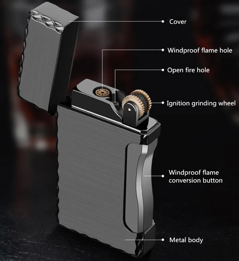 Creative Double Fire Switch Gas Lighter Metal Windproof Sand Wheel Inflatable Windproof Lighter Men Smoking Gifts