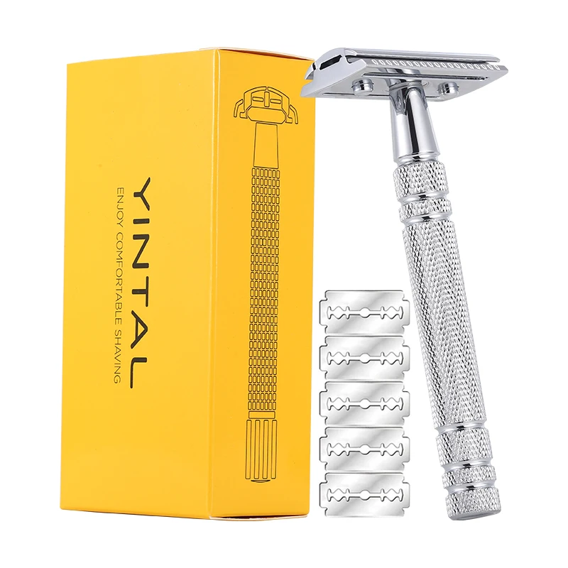 YINTAL Bright Silver Men's Classic Double-sided Manual Razor Long Handle Safety Razors Shaving  With 5 Blades