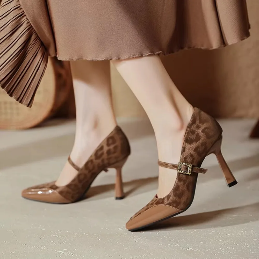 

2026 New Women's Elegant Leopard Print Mary Jane Pumps Square Toe Thick High Heels Ladies Office Wedding Party Shoes