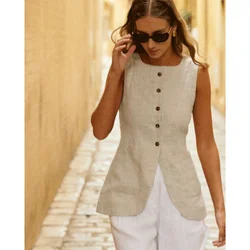 Summer Women's Vest Linen Lightweight Casual Women Sleeveless Waistcoat Single Breasted Female Top Chic Clothing New Style