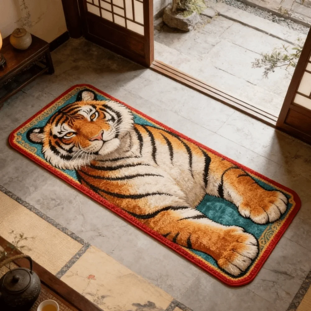 Unique 2D Flat Tiger Bedroom Carpet Non-slip Abrasion-resistant Doormat Lifelike Water-absorbing Bedside Rug Home Decor