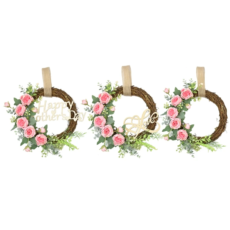 

Happy Mother's Day Wreath Front Door Decor Wall Rattan Flower Ornaments