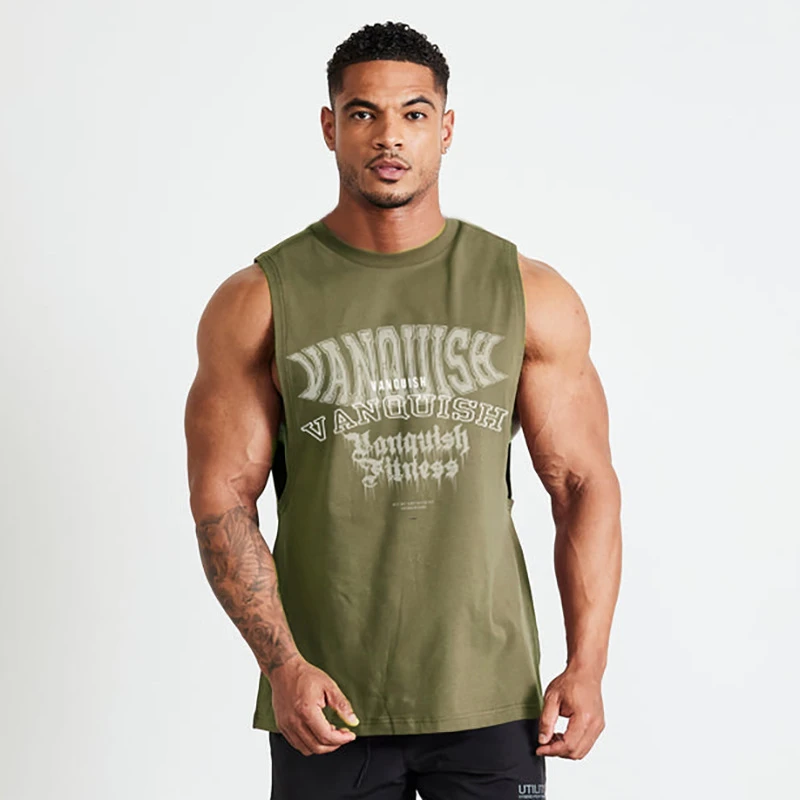 Summer cotton men\'s tank top Gym workout men\'s Breathable sportswear Fashion wide shoulder crew neck top