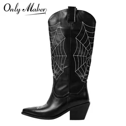 Onlymaker Women Black Pointed Toe Cowboy Boots Embroidery Spider Webs Fashion Handmade Female Mid-Calf Boots