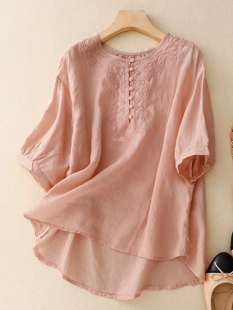 

Artistic Cotton Linen Embroidered ort Sve irt Women Summer Thin Pure Color Anti-Aging round Ne Overhead Small Top