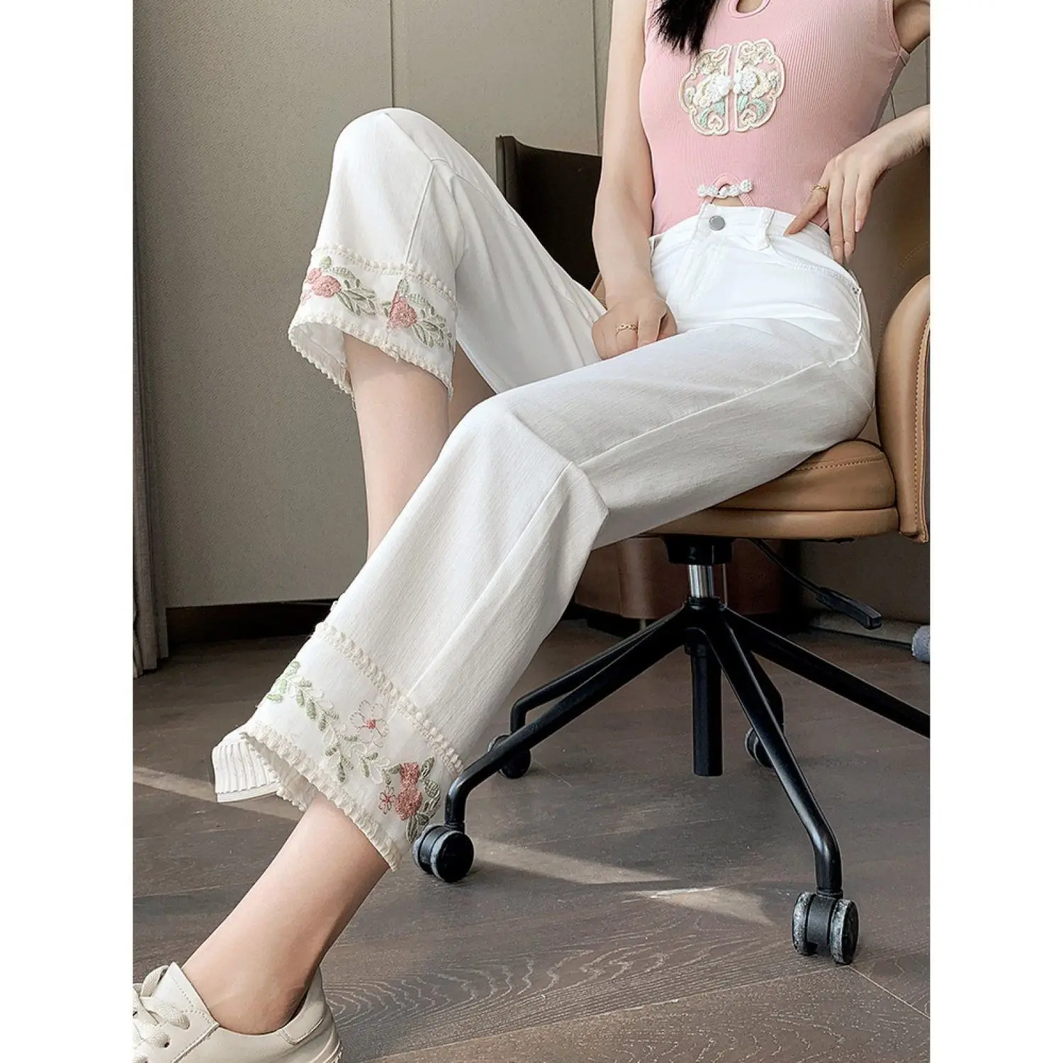 New Chinese Style White Women Summer Thin Embroidery High Waist Straight Pants