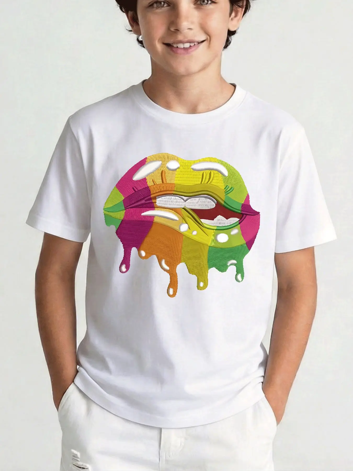 Color Block Dripping Lips Art Family Matching Cotton T Shirts Short Sleeve Summer Tees For Mom Dad Boys Girls Daily Tops