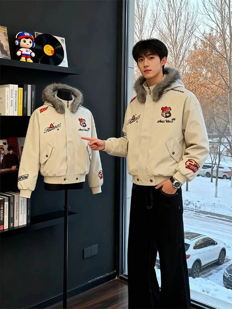 

Thiened Cotton Jaet with Hood And Fur Collar for Men in Beige American Bae Embroidery Cool And Sli Winter Biker Clo...