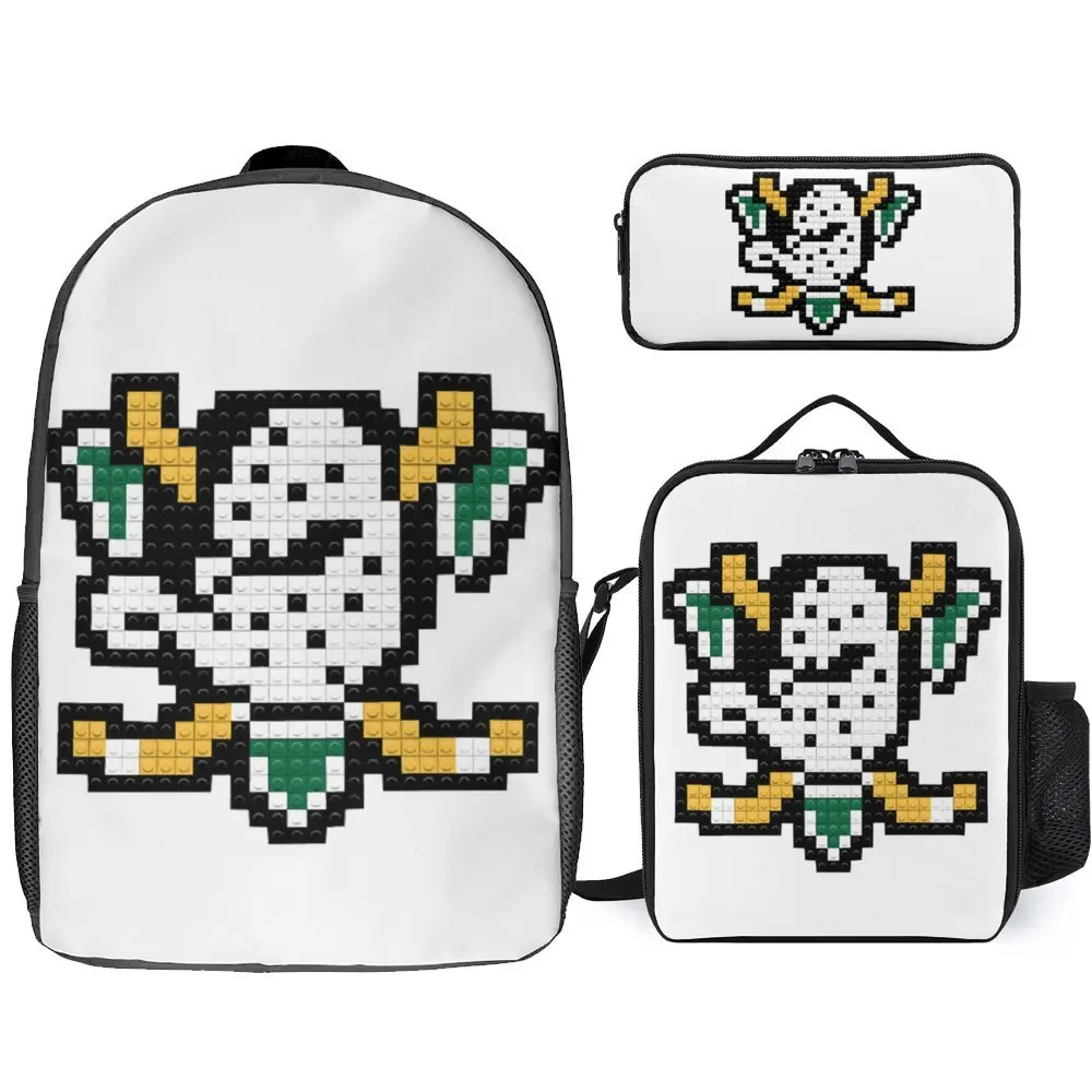 

3 in 1 Set 17 Inch Backpack Lunch Bag Pen Bag Mighty Ducks Ice Hockey 20 Firm Premium Cozy Sports Activities Rucksack