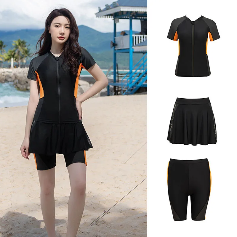 Women Three Piece Rash Guard Short Sleeve Swimsuit Swim Shirt with Shorts Skirt Modest Bathing Suit UPF 50+ Sun Suits Beachwear