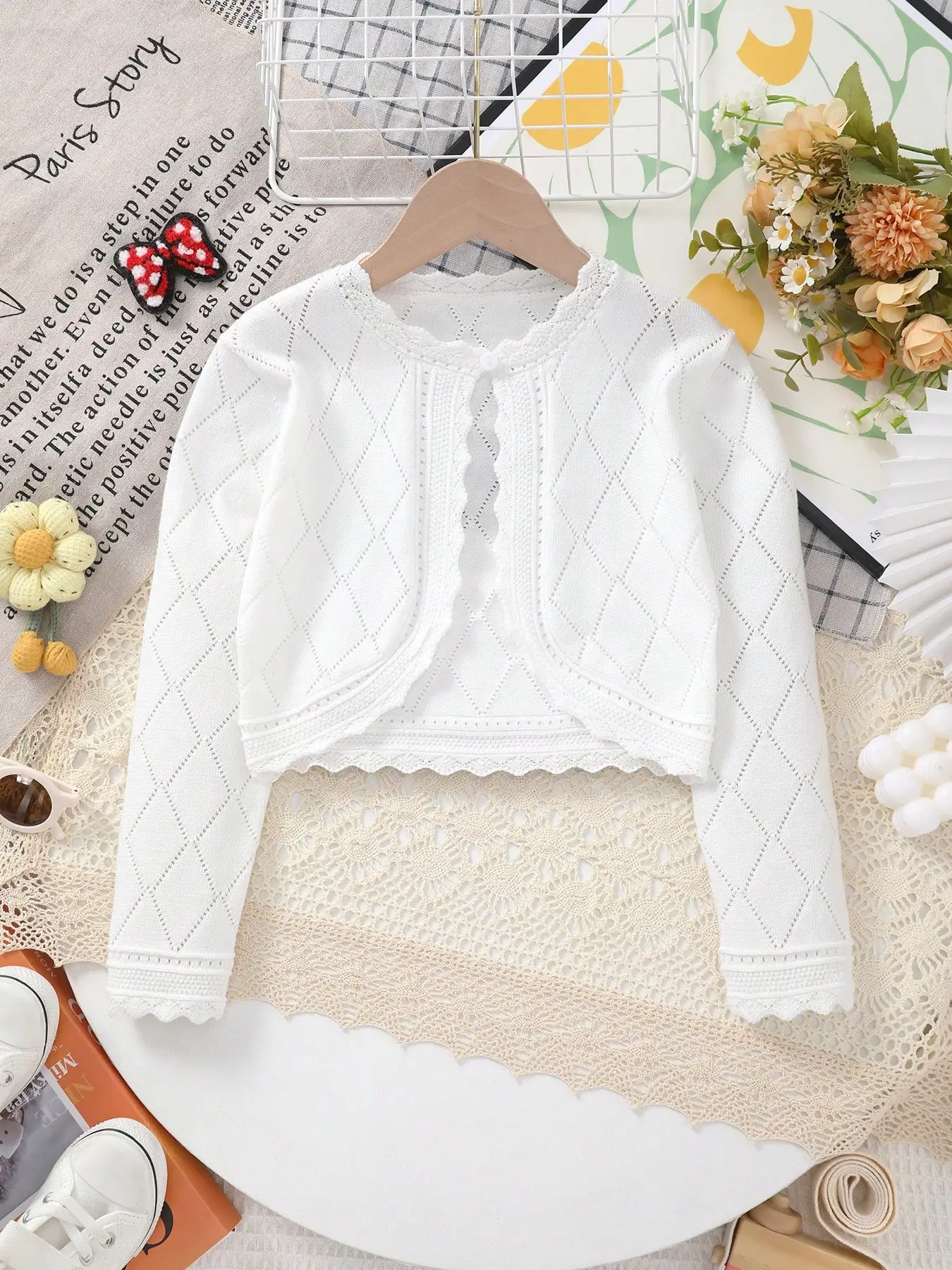 Girls' Spring Elegant Hollow-Out Design with Diamond Pattern + Lace Design Knit Cardigan