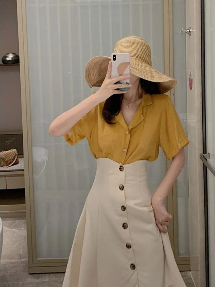 

2026 Summer New Korean Style Casual Student Set Women Short Sleeve Shirt Single Button High Waist Midi Skirt Mature Chic
