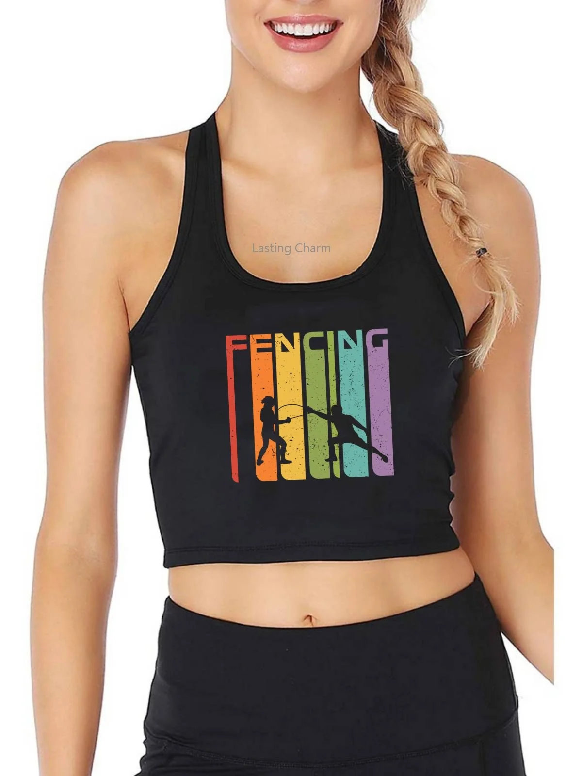 Fencing Pattern Print Fencing Lovers Tank Top Women's Yoga Sports Workout Crop Top Gym Training Top