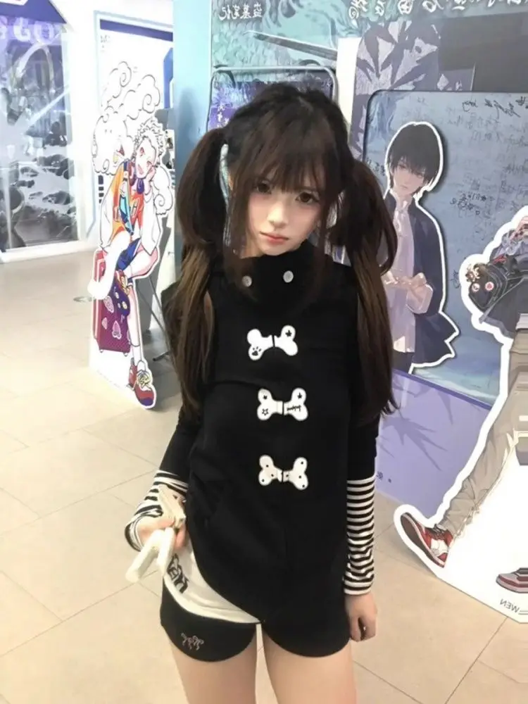 Y2k ボディコンアメリカンヴィンテージ長袖黒パーカーストライプ女性カジュアルパッチワークコート春秋甘い 2025 新着