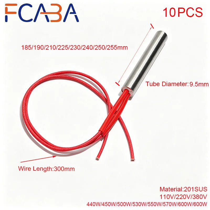 FCABA Stainless Steel 201 Heating Tube 10PCS 9.5mm 185~255mm Tubular Heater 110V/220V/380V Single-Ended Mould Heating Element