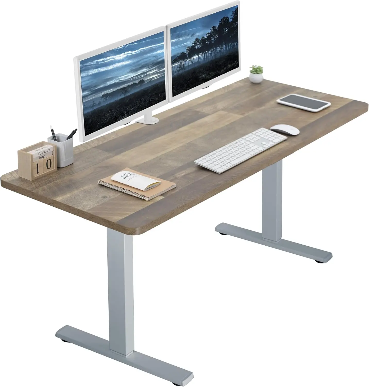 

Electric height adjustable 60 x 24 inch memory standing desk, recycled wood solid all-in-one desktop, grey frame