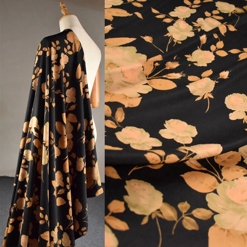 Chinese Wind Black Bottom with Big Flower Print, Elastic Plain Satin Fabric for Cheongsam Dress, T1888