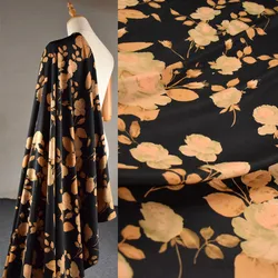 Chinese Wind Black Bottom with Big Flower Print, Elastic Plain Satin Fabric for Cheongsam Dress, T1888