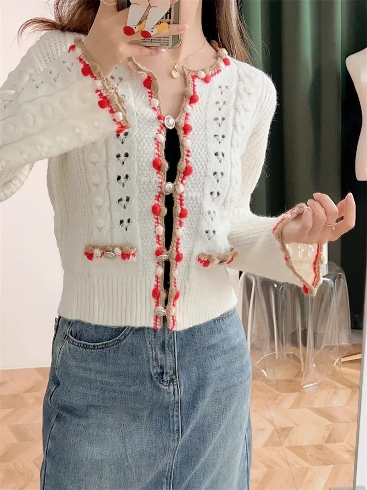 Single Breasted Women Wool Knitted Cardigan Jacket Spring Autumn Fashion O-Neck Long Sleeve Sweater Slim Sweet Casual Knitwear